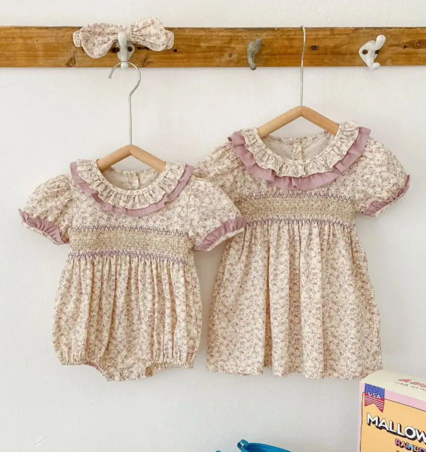 $17.50 EA - 3-6M X 2, 6-12M X 2  -   Baby & Toddler Girls Twinning - Mauve Vintage Floral Rompers