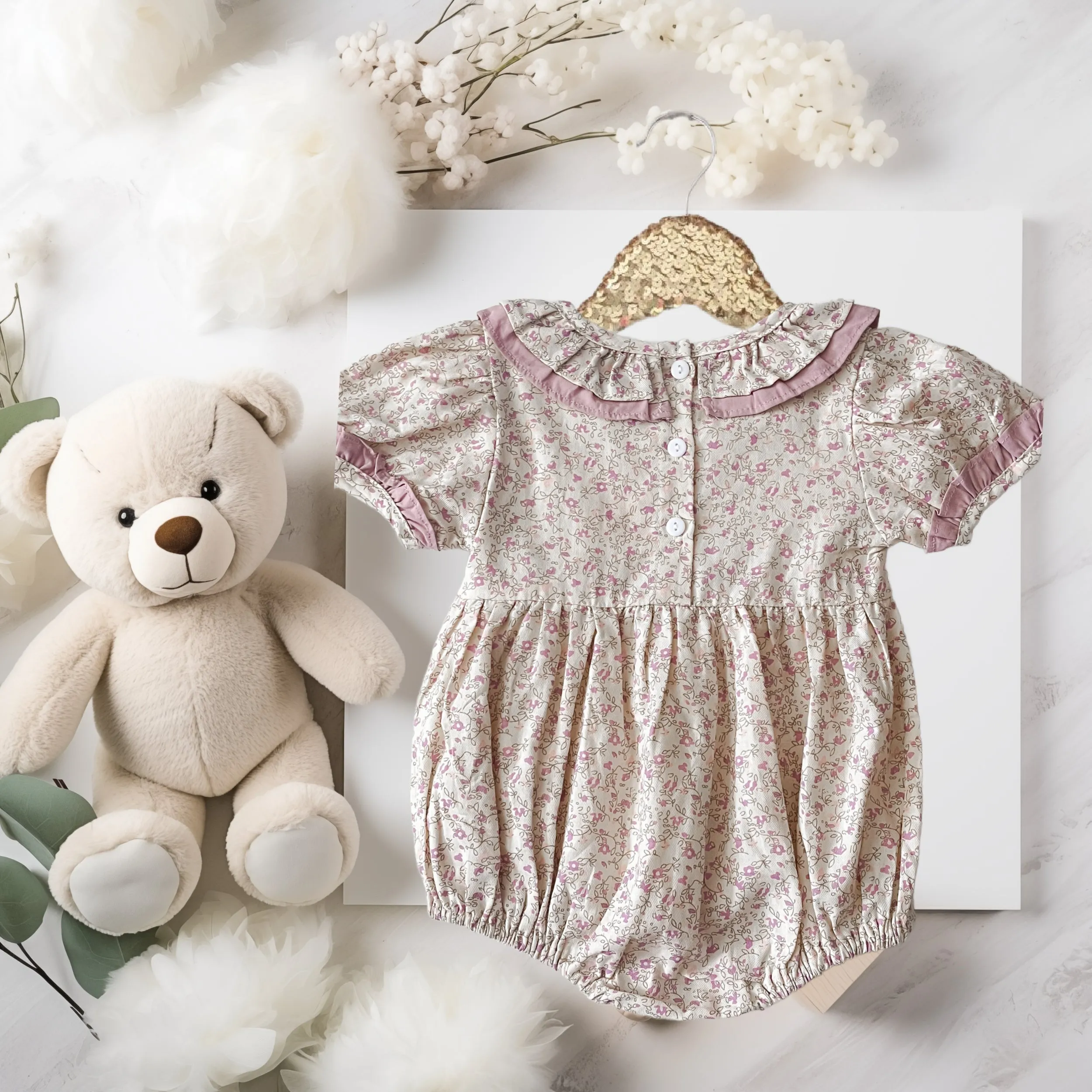$17.50 EA - 3-6M X 2, 6-12M X 2  -   Baby & Toddler Girls Twinning - Mauve Vintage Floral Rompers