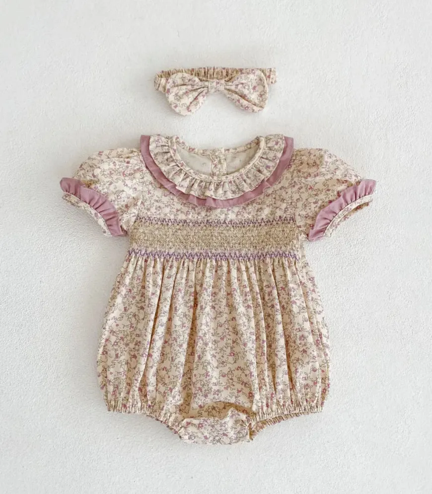 $17.50 EA - 3-6M X 2, 6-12M X 2  -   Baby & Toddler Girls Twinning - Mauve Vintage Floral Rompers