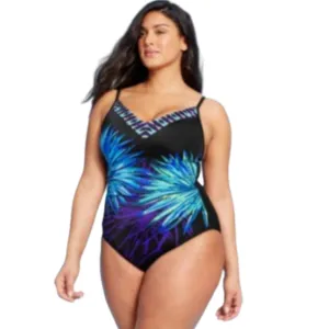 18W Women's Plus Size V-Neck One Piece Swimsuit - Aqua Green Black