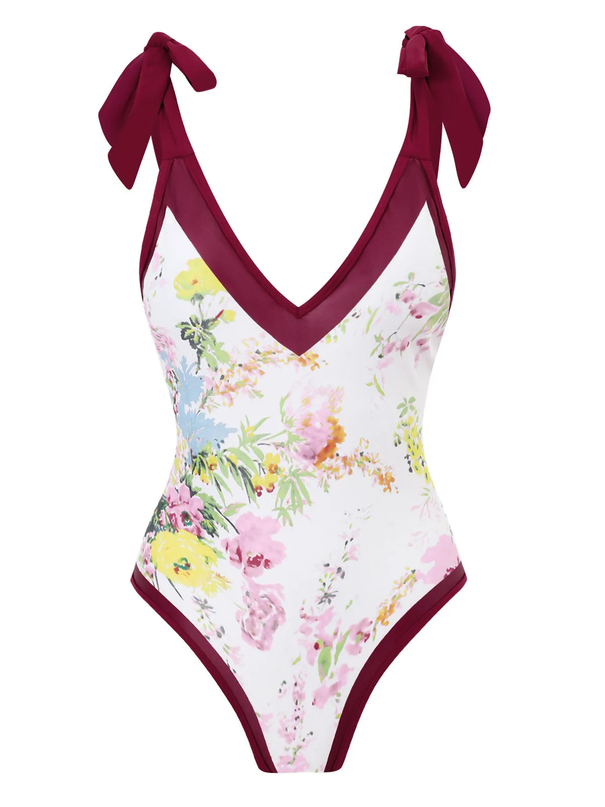 1950s V-Neck Flowers Lacing Swimsuit & Cover Up