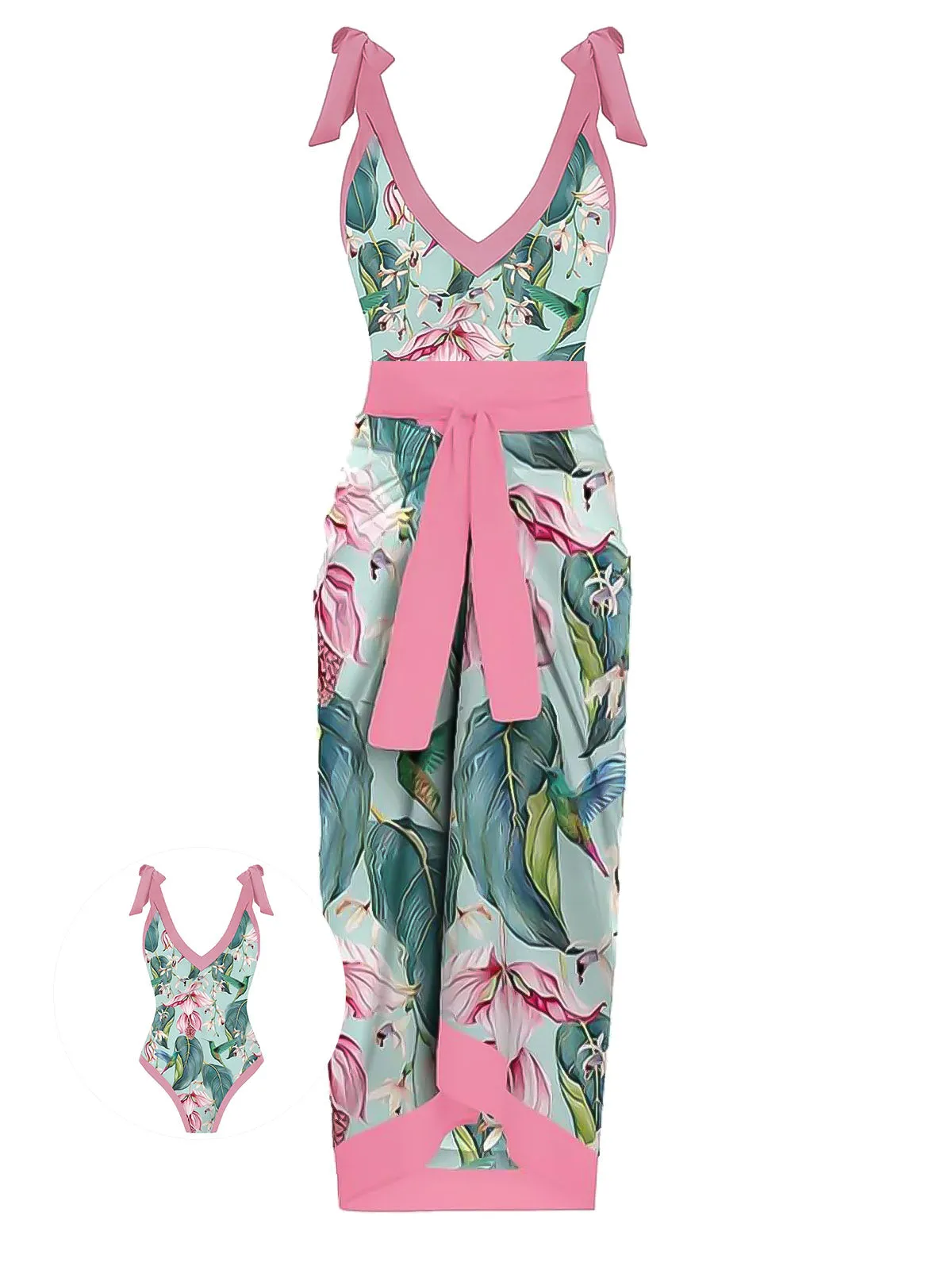 1950s V-Neck Flowers Lacing Swimsuit & Cover Up