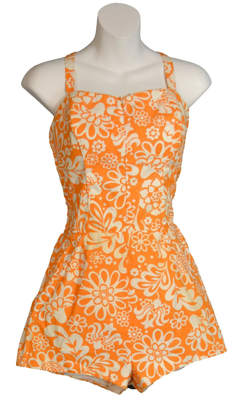 1960's Bright Orange Floral Vintage Bathing Suit One Piece Swimsuit