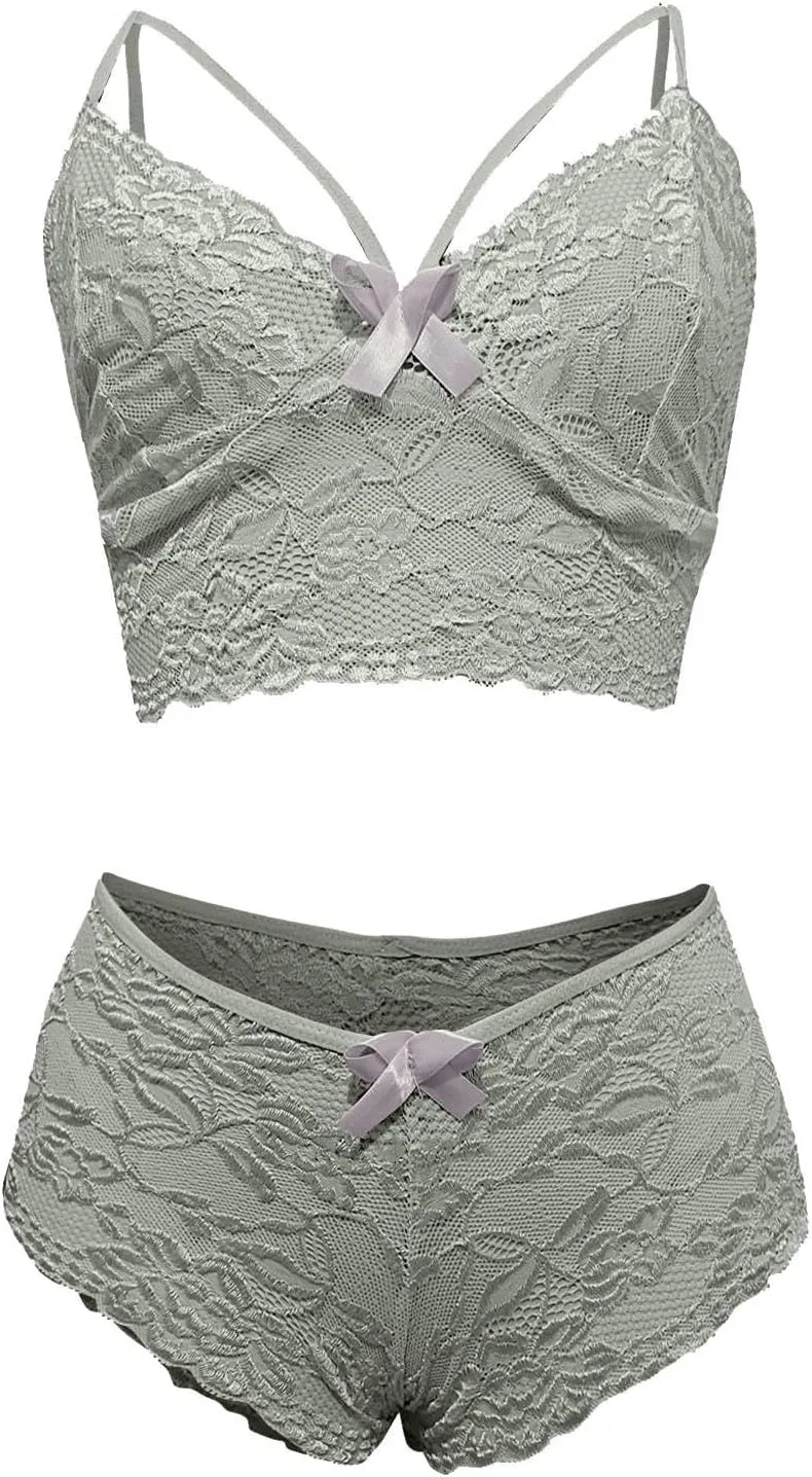 2 Piece Bra and Panty Set for Women Plus Size Floral Lace Lingerie Sets Sexy Cutout Bralette with Thong Underwear Suit