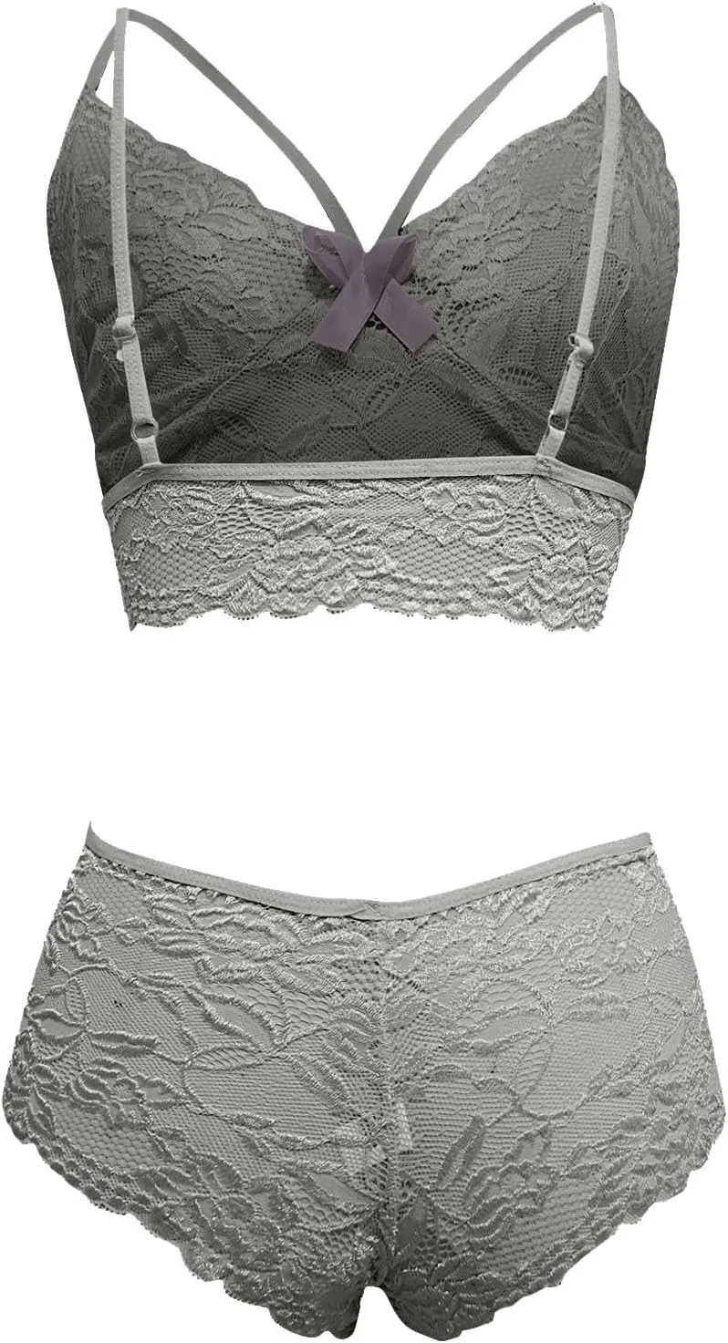 2 Piece Bra and Panty Set for Women Plus Size Floral Lace Lingerie Sets Sexy Cutout Bralette with Thong Underwear Suit