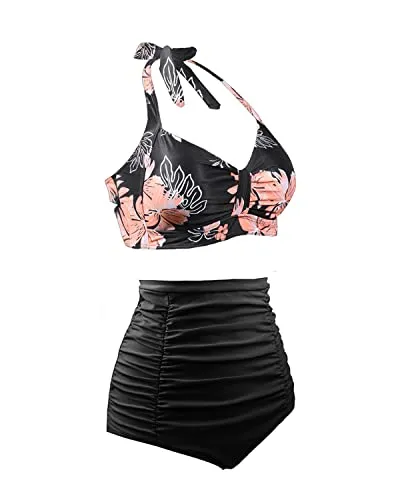 2 Piece Halter Swimsuit Women's Vintage High Waisted Bikini Set with Ruched