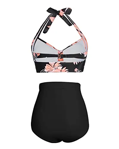 2 Piece Halter Swimsuit Women's Vintage High Waisted Bikini Set with Ruched