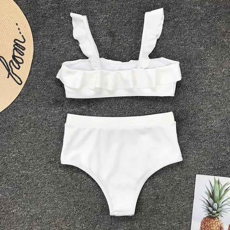 2 Piece Ruffle High Waist Swimwear Women Swimsuit Push Up Bikini Set Solid Bathing Suit Summer Beach Wear Swimming Suit