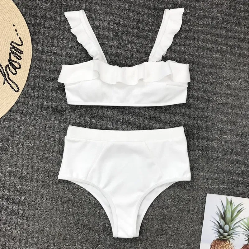 2 Piece Ruffle High Waist Swimwear Women Swimsuit Push Up Bikini Set Solid Bathing Suit Summer Beach Wear Swimming Suit
