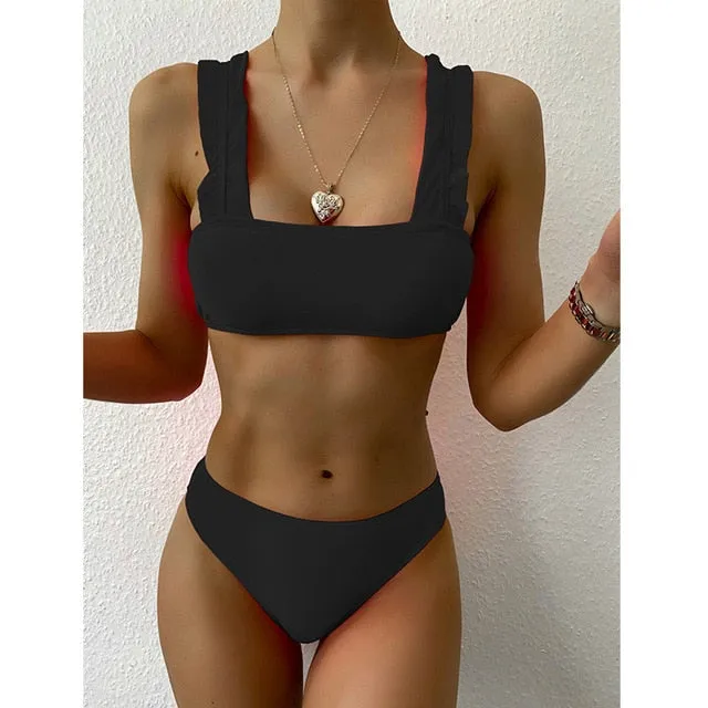 2 Piece Ruffle High Waist Swimwear Women Swimsuit Push Up Bikini Set Solid Bathing Suit Summer Beach Wear Swimming Suit
