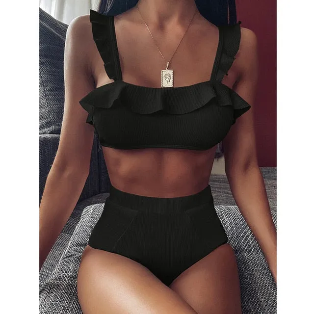 2 Piece Ruffle High Waist Swimwear Women Swimsuit Push Up Bikini Set Solid Bathing Suit Summer Beach Wear Swimming Suit