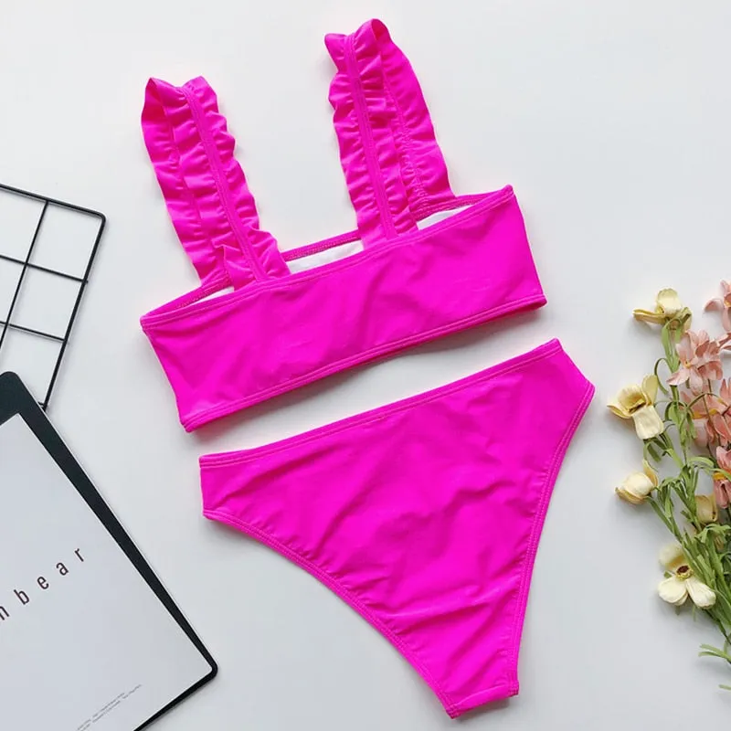 2 Piece Ruffle High Waist Swimwear Women Swimsuit Push Up Bikini Set Solid Bathing Suit Summer Beach Wear Swimming Suit
