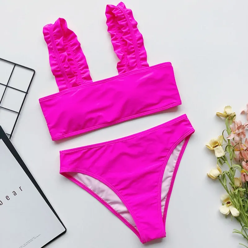 2 Piece Ruffle High Waist Swimwear Women Swimsuit Push Up Bikini Set Solid Bathing Suit Summer Beach Wear Swimming Suit