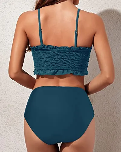 2 Piece Strapless Shirred Swim Top And Ruffled Bikini-Teal