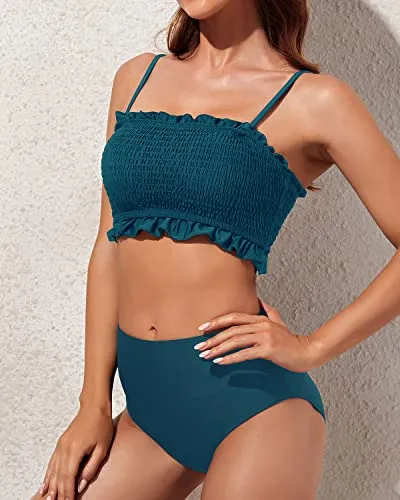 2 Piece Strapless Shirred Swim Top And Ruffled Bikini-Teal