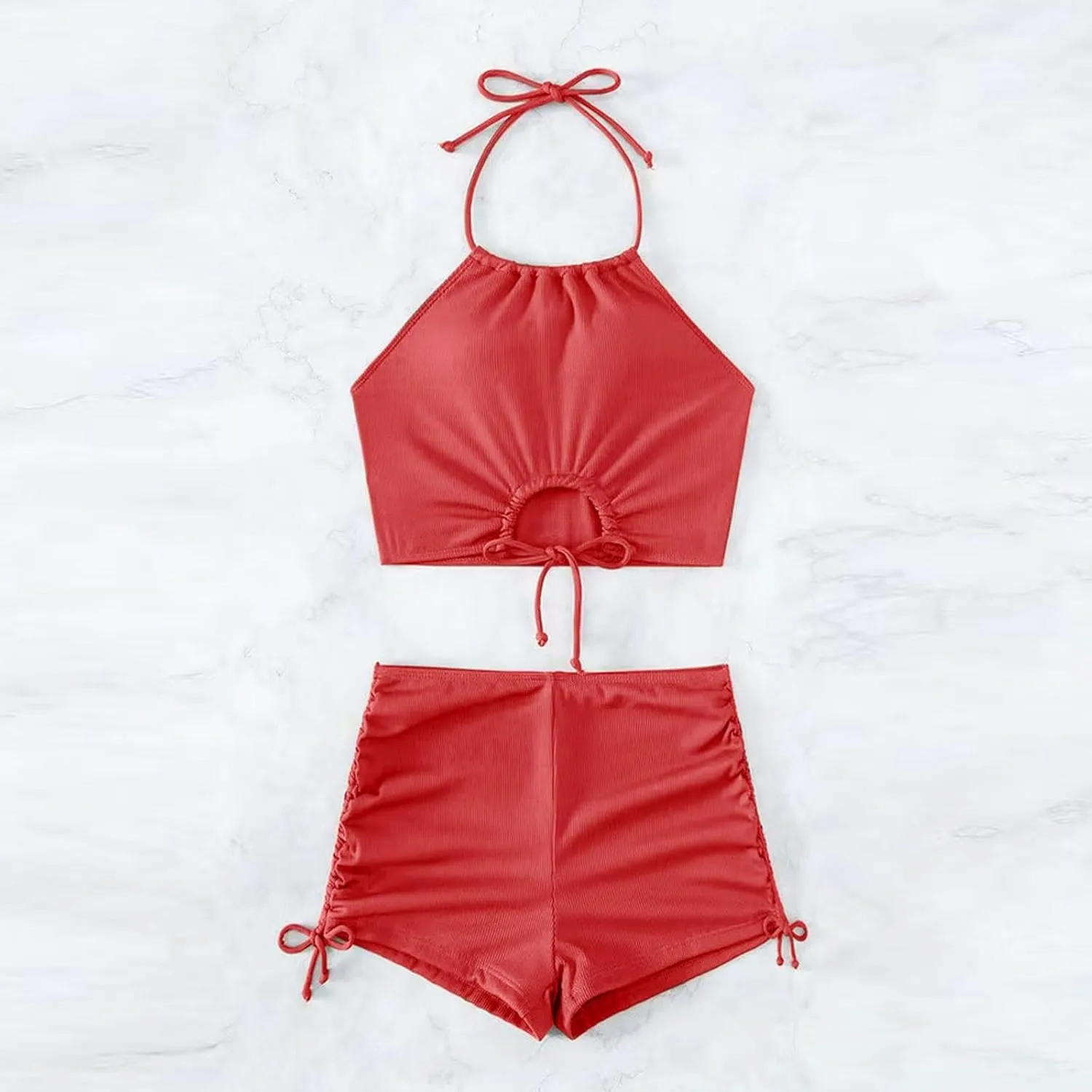 2 Piece Swimsuit for Women High Waisted Shorts Tummy Control Strap Cut Out Halter Bikini Sets Double Drawstring