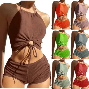 2 Piece Swimsuit for Women High Waisted Shorts Tummy Control Strap Cut Out Halter Bikini Sets Double Drawstring
