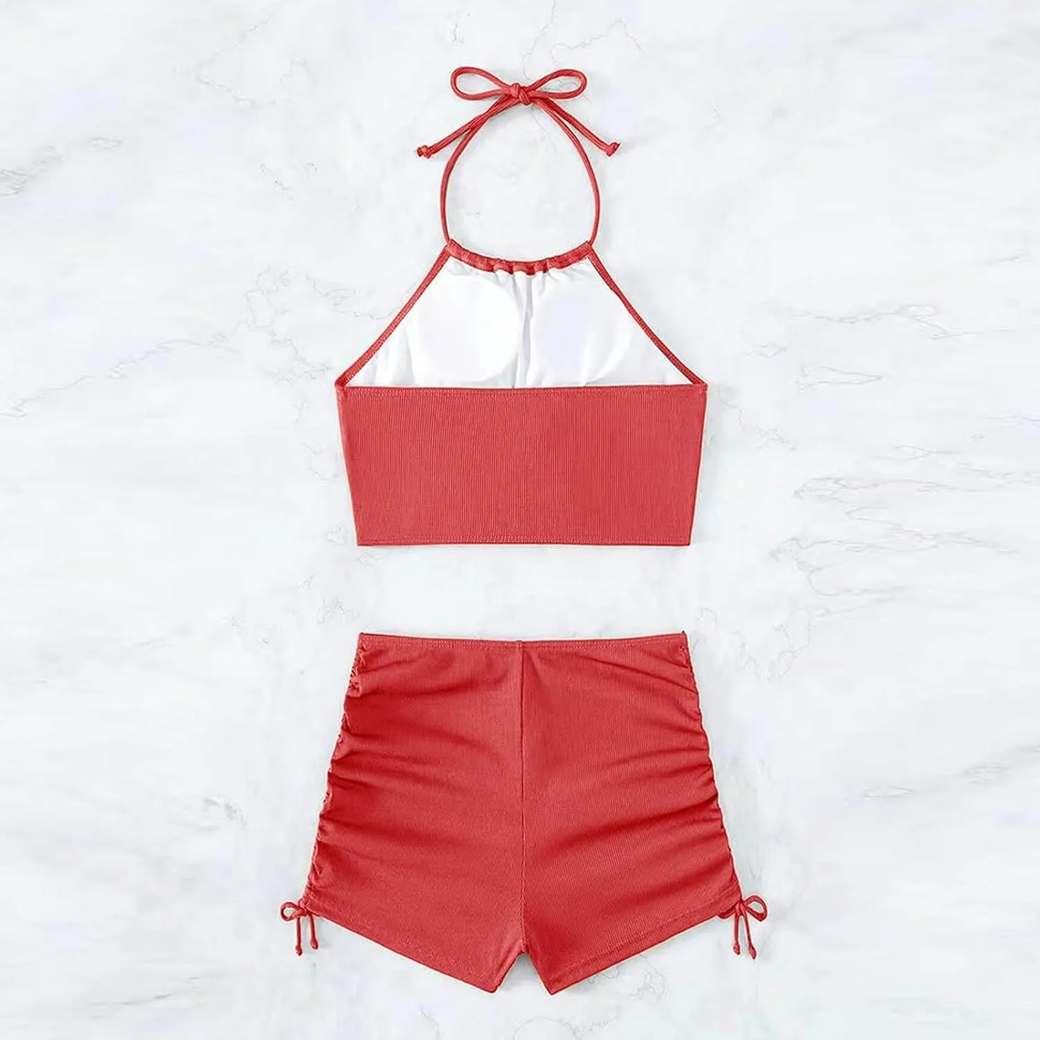 2 Piece Swimsuit for Women High Waisted Shorts Tummy Control Strap Cut Out Halter Bikini Sets Double Drawstring