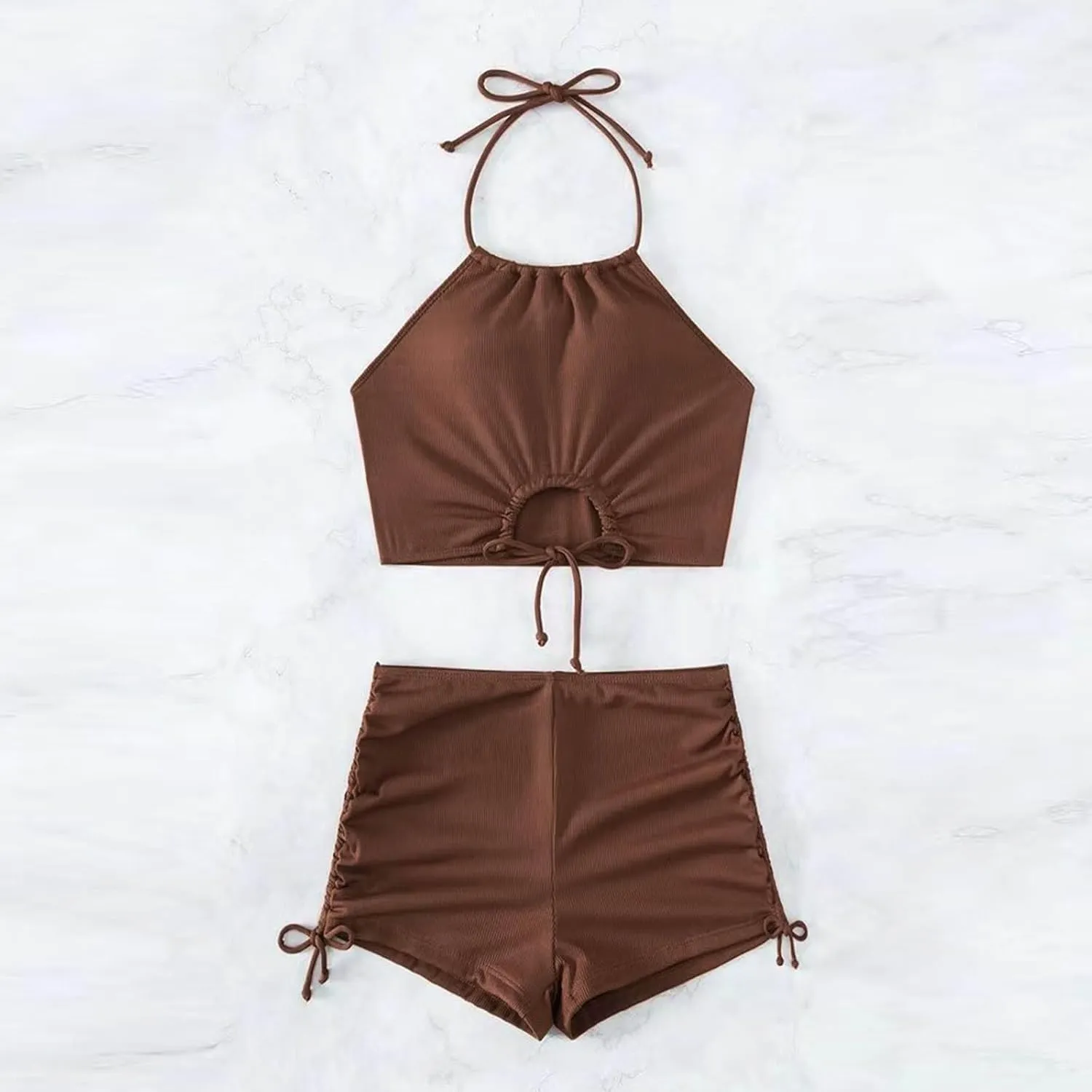 2 Piece Swimsuit for Women High Waisted Shorts Tummy Control Strap Cut Out Halter Bikini Sets Double Drawstring