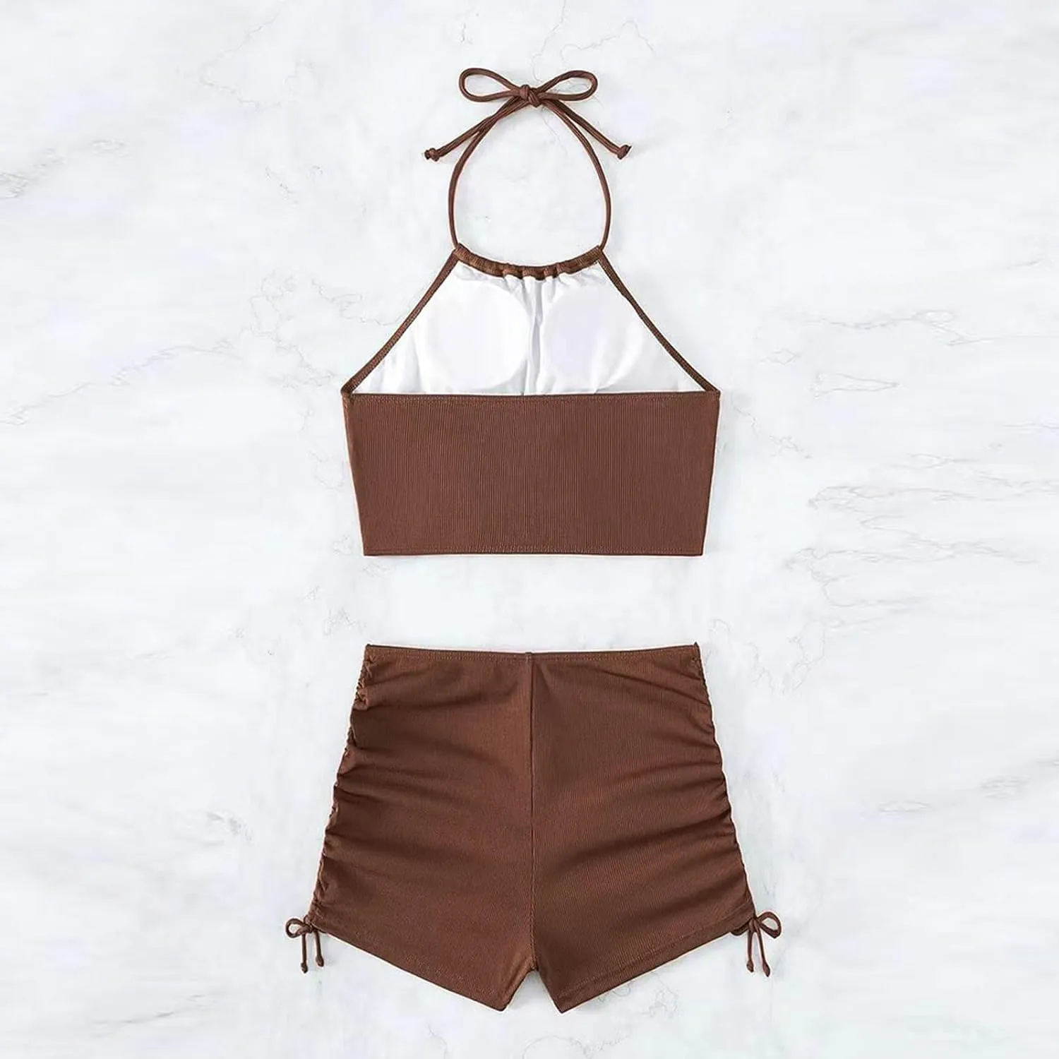 2 Piece Swimsuit for Women High Waisted Shorts Tummy Control Strap Cut Out Halter Bikini Sets Double Drawstring