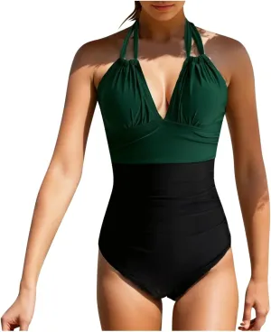 2024 Women's Slimming One Piece Swimsuits Tummy Control Bathing Suit Halter Strappy Swimwear Backless Monokini