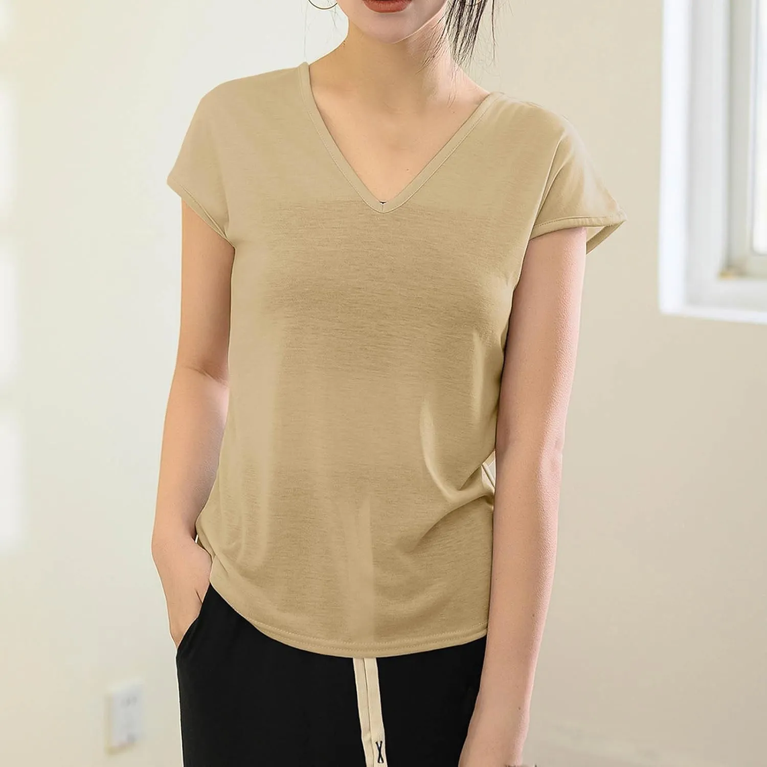 2025 Womens Summer Top Cotton Cap Sleeve Tank Tops V Neck T Shirts Solid Color Tunic Blouse Plus Size Tank Tops