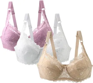 3 Pack Lace Bralette for Women Full-Coverage Underwire Push Up Bra Comfort Adjustable Seamless Lift Everyday Bras
