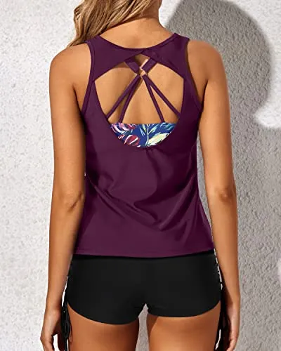 3 Piece Athletic Swimsuit Backless Tankini For Women-Maroon Leaf