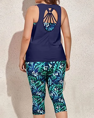 3 Piece Plus Size Tankini Swimsuit Sports Bra And Swim Capris For Women-Blue Leaves