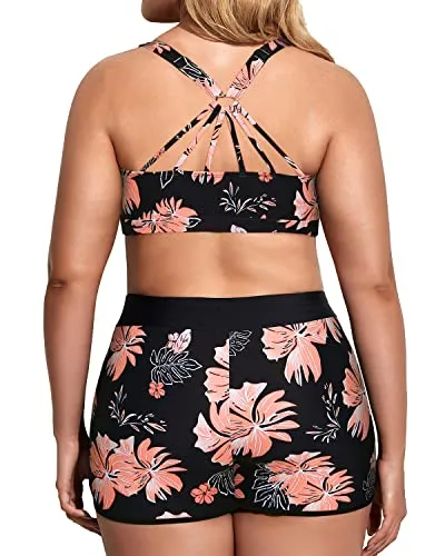 3 Piece Plus Size Tankini Swimsuits With Built In Padded Bra For Women-Black Orange Floral