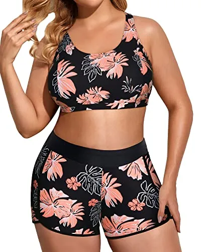 3 Piece Plus Size Tankini Swimsuits With Built In Padded Bra For Women-Black Orange Floral