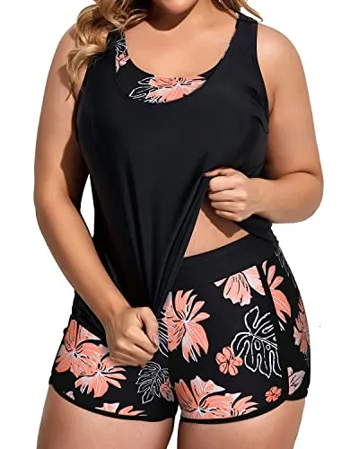 3 Piece Plus Size Tankini Swimsuits With Built In Padded Bra For Women-Black Orange Floral