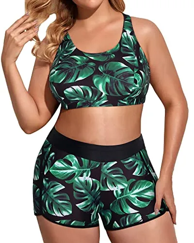3 Piece Plus Size Tankini Swimsuits With Sports Bra & Boyshorts For Women-Black Leaf