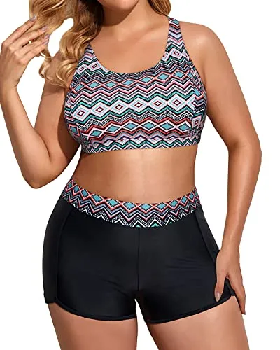 3 Piece Plus Size Womens Tankini Swimsuits With Boy Shorts-Black Tribal