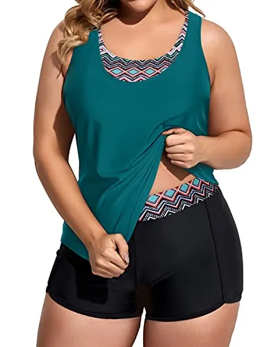 3 Piece Plus Size Womens Tankini Swimsuits With Boy Shorts-Black Tribal