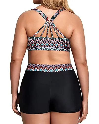 3 Piece Plus Size Womens Tankini Swimsuits With Boy Shorts-Black Tribal