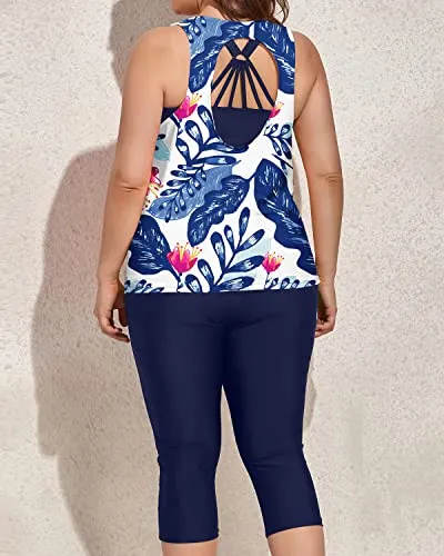 3 Piece Tankini Swimsuits For Women Plus Size Sports Bra And Swim Capris-White And Blue Floral