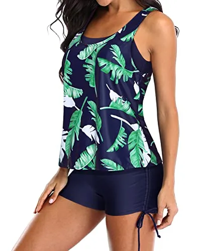 3 Piece Womens Athletic Bathing Suits Tank Tops Bra And Boyshorts-Blue Leaf