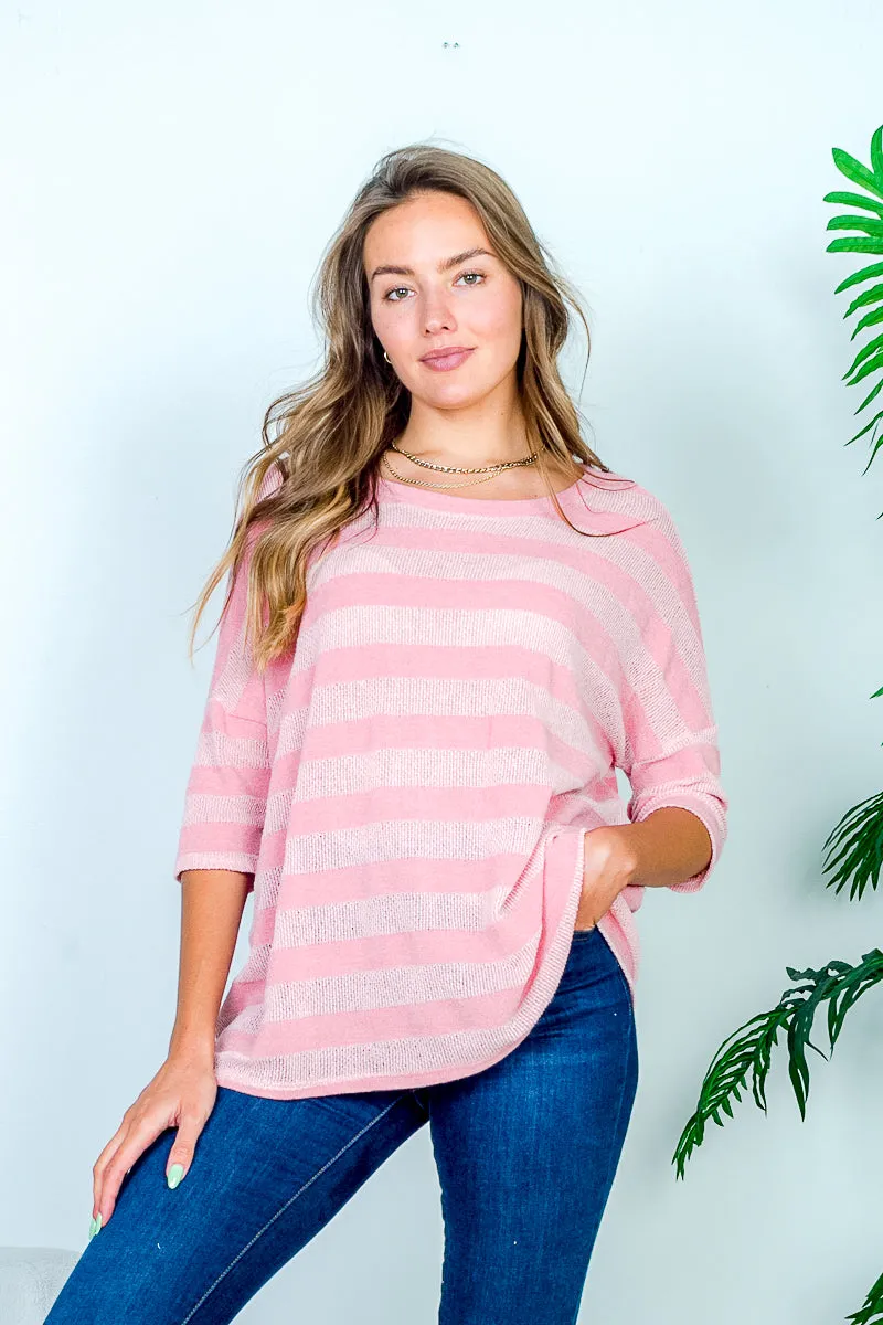 3/4 Sleeve Boat Neck Striped Crochet Knit Top (HT11043)