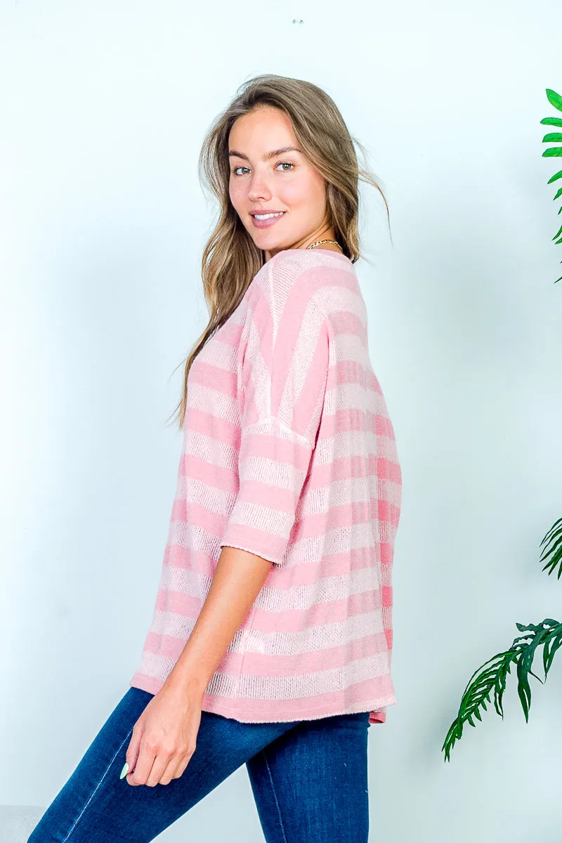 3/4 Sleeve Boat Neck Striped Crochet Knit Top (HT11043)