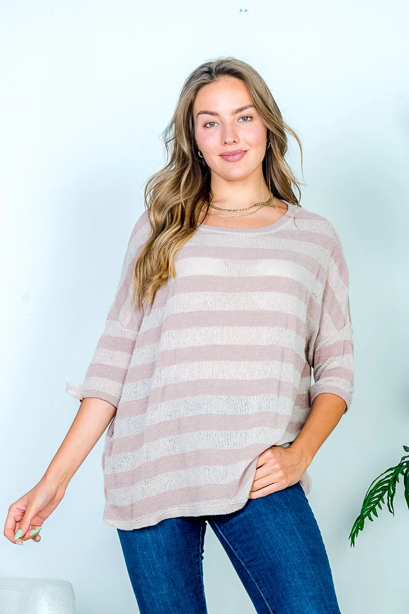 3/4 Sleeve Boat Neck Striped Crochet Knit Top (HT11043)