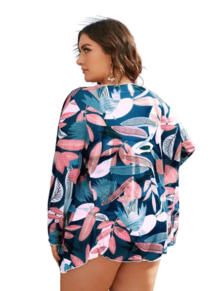 3pack Plus Tropical Print Knot Front Bikini Swimsuit With Kimono