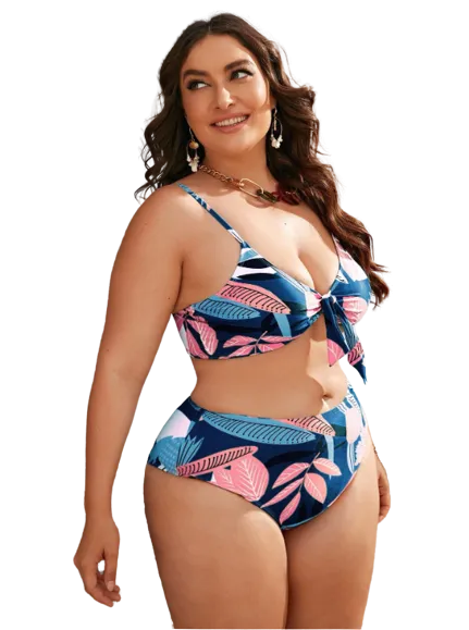 3pack Plus Tropical Print Knot Front Bikini Swimsuit With Kimono