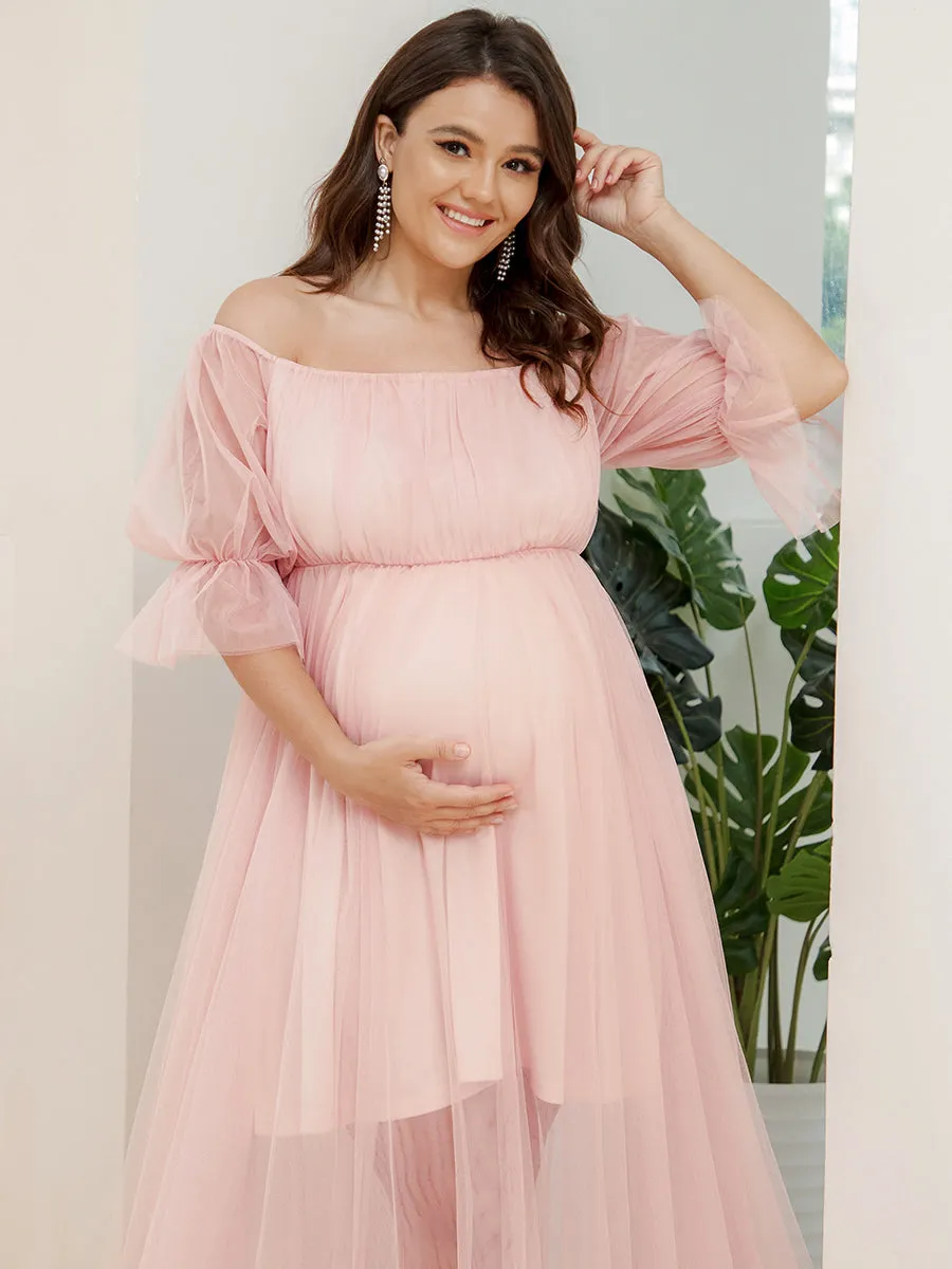 A-Line Off Shoulder Maternity Maxi Dress with Short Puff Sleeves