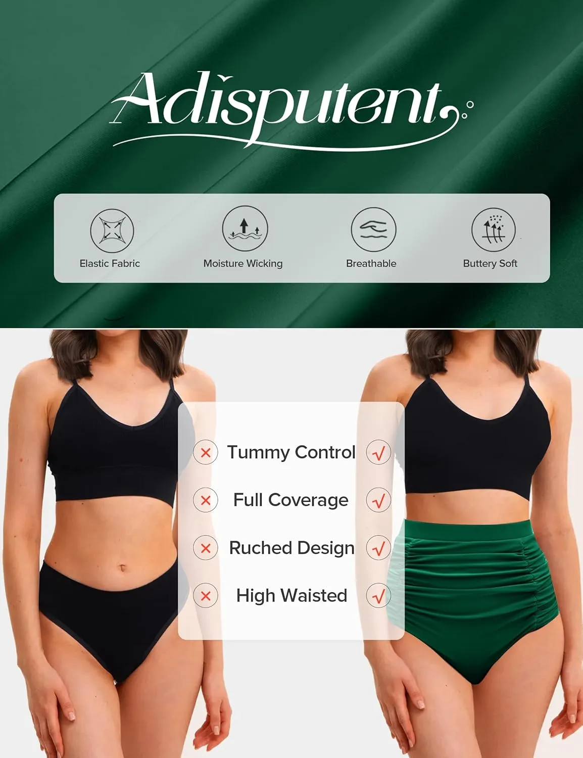 Adisputent Women High Waisted Bikini Bottoms Full Coverage Ruched Swim Shorts Retro Tummy Control Swim Bottoms