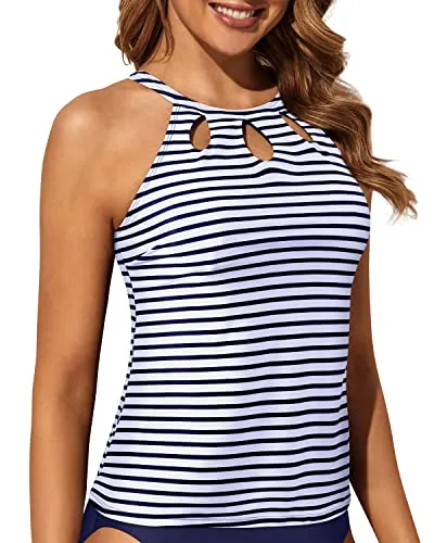 Adjustable Neck Hook Closure High Neck Tankini Top-Blue And White Stripes