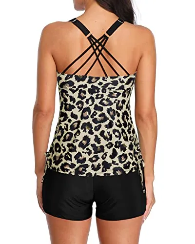 Adjustable Shoulder Straps Tummy Control Bathing Suit Shorts-Black And Leopard