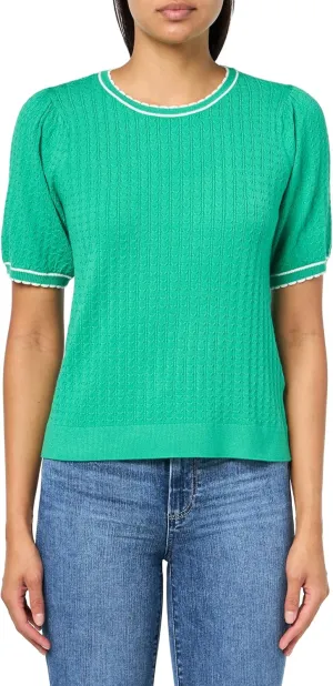 Adrianna Papell Women's Crew Neck Cable Scalloped Edge Tipped Short Sleeve Sweater