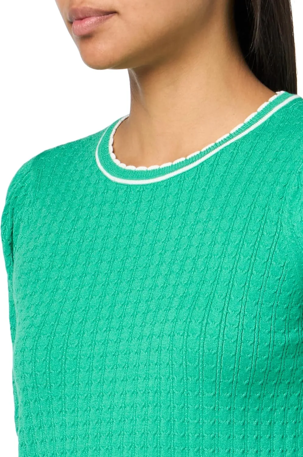 Adrianna Papell Women's Crew Neck Cable Scalloped Edge Tipped Short Sleeve Sweater