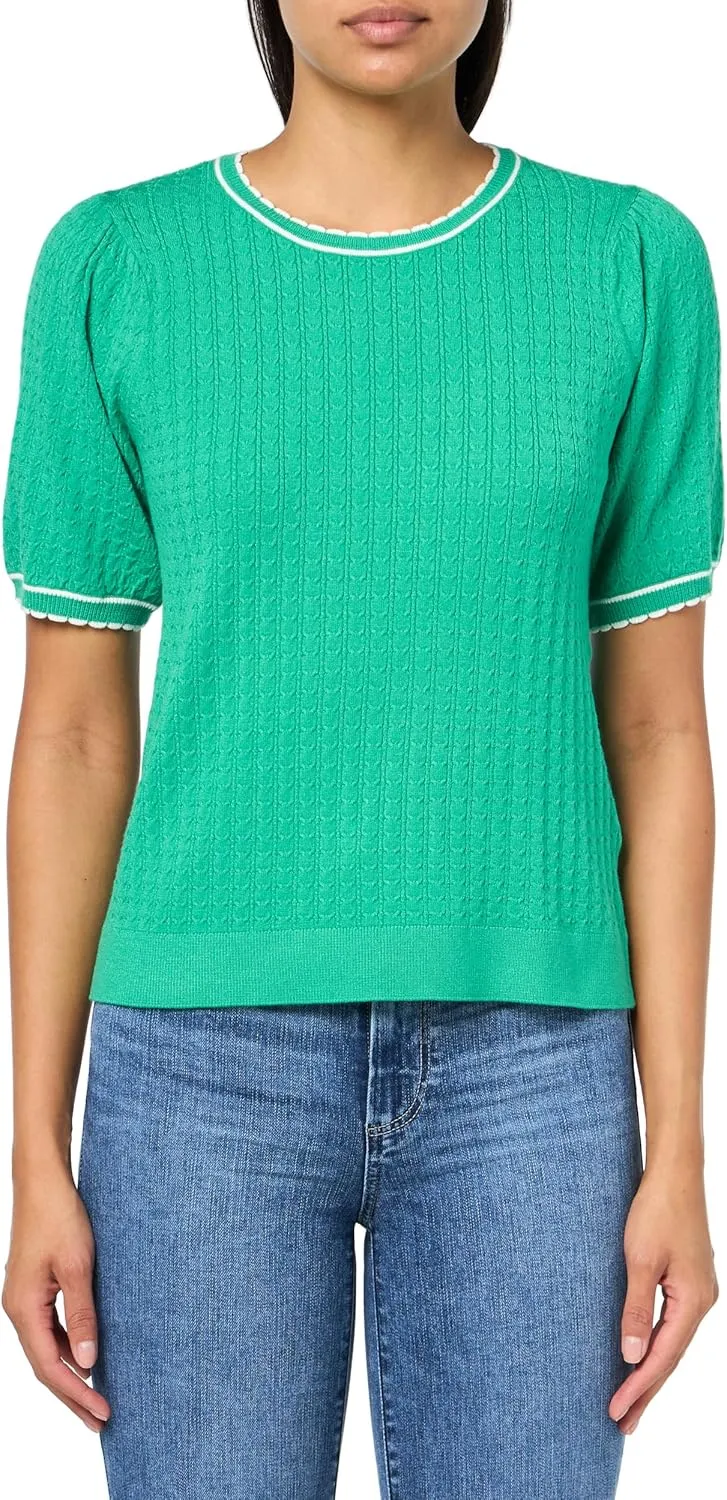 Adrianna Papell Women's Crew Neck Cable Scalloped Edge Tipped Short Sleeve Sweater